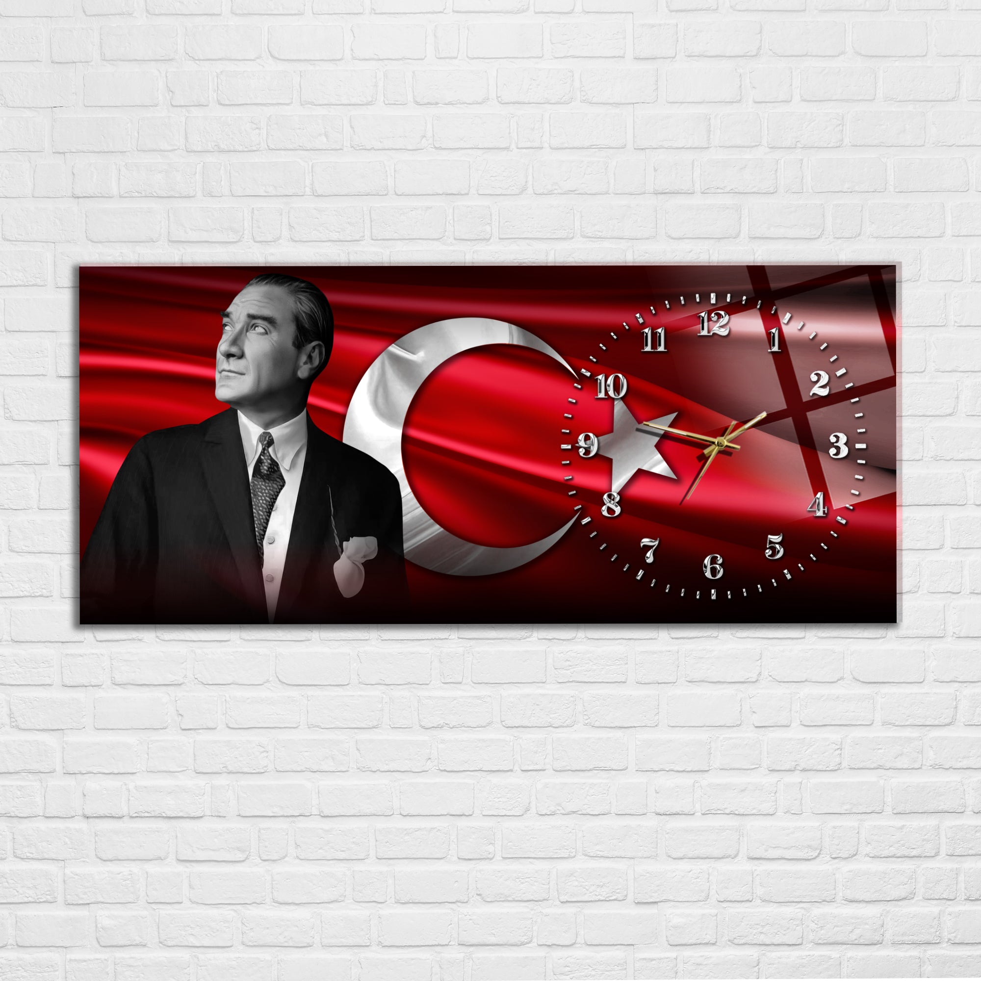 Temperli Cam Saat –Atatürk Portresi  Tasarım, Premium UV Baskı Duvar Saatİ