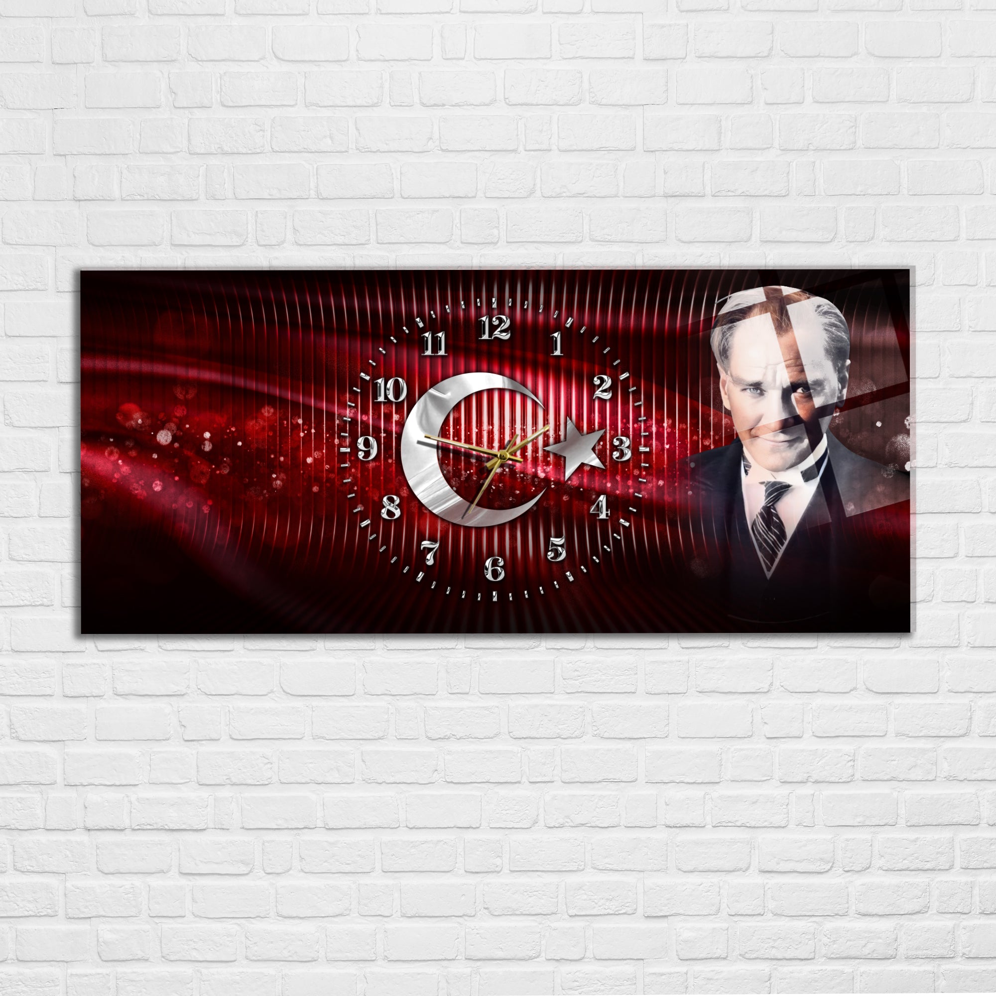 Temperli Cam Saat –Atatürk Portresi  Tasarım, Premium UV Baskı Duvar Saatİ