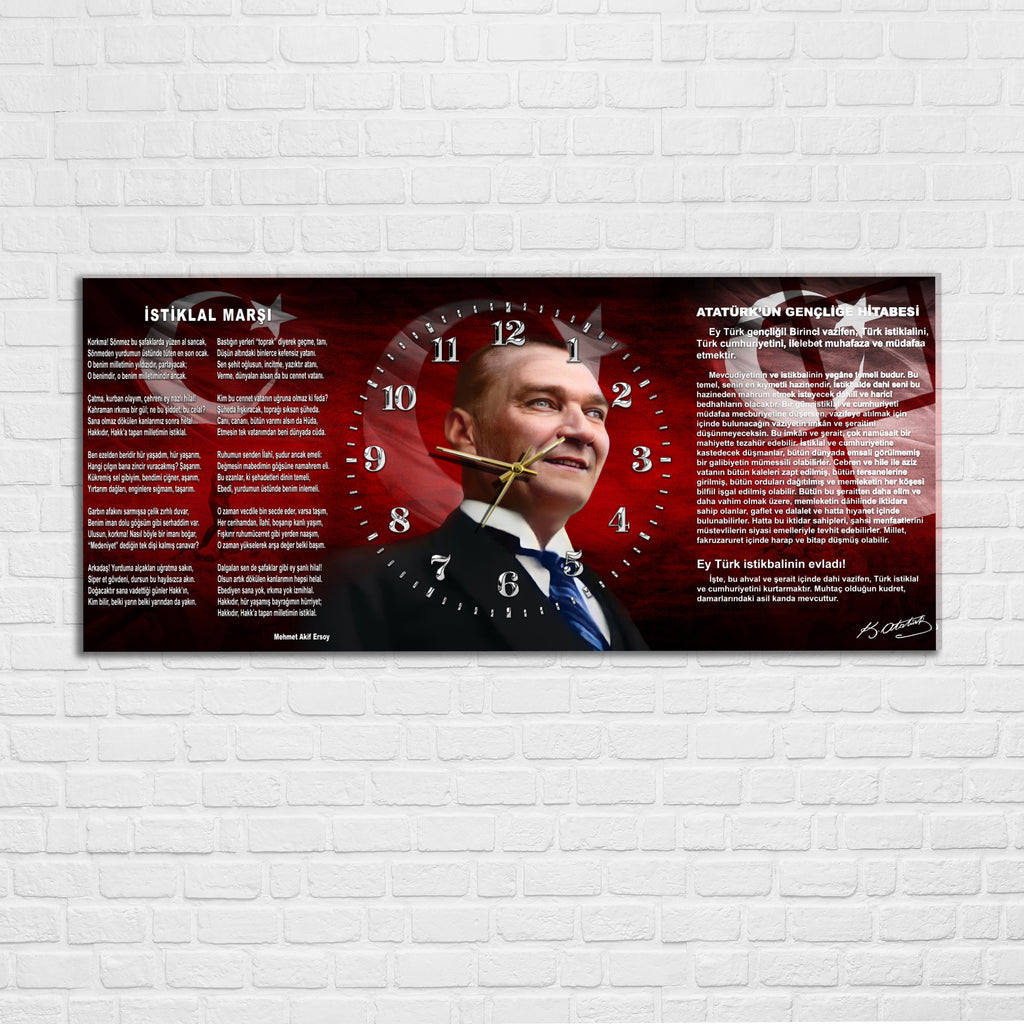 Temperli Cam Saat –Atatürk Portresi  Tasarım, Premium UV Baskı Duvar Saatİ
