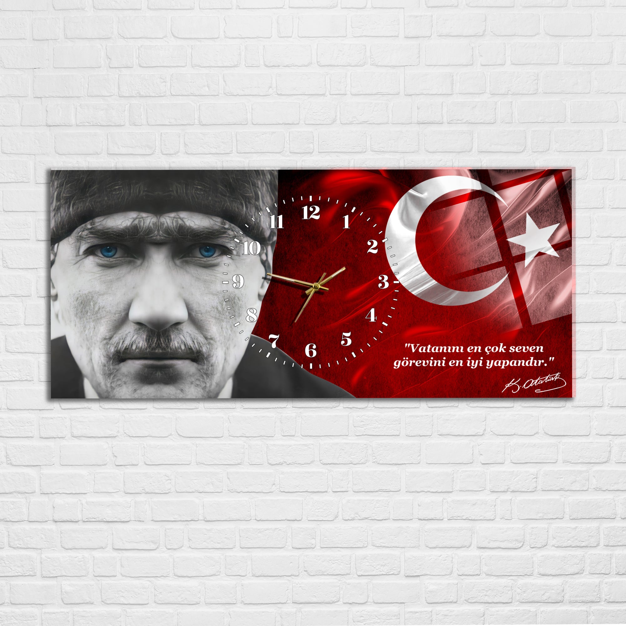 Temperli Cam Saat –Atatürk Portresi  Tasarım, Premium UV Baskı Duvar Saatİ