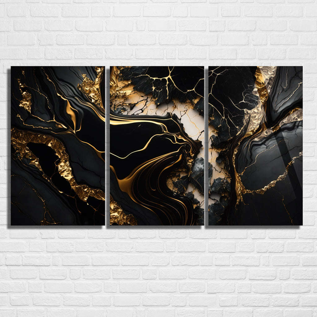 3 Parçalı Temperli Cam Duvar Tablosu Mermer Temalı