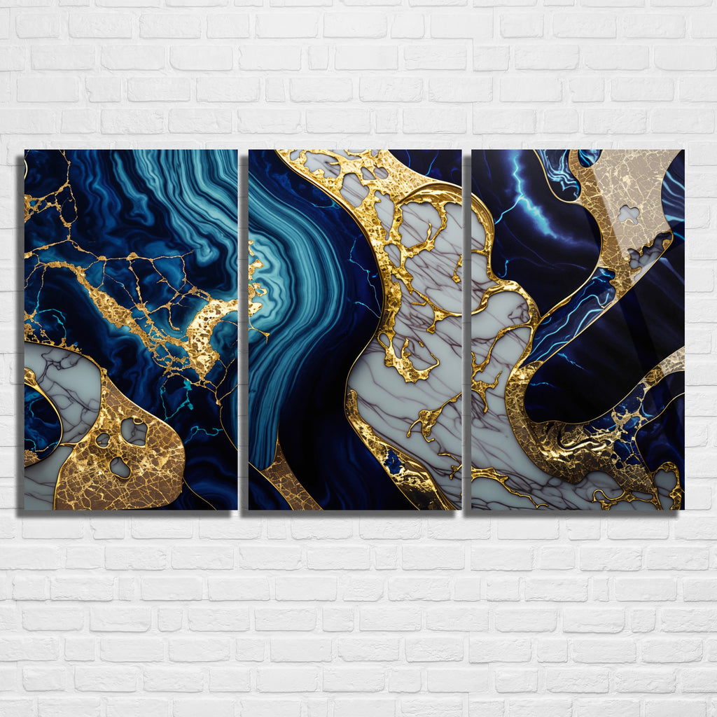 3 Parçalı Temperli Cam Duvar Tablosu Mermer Temalı