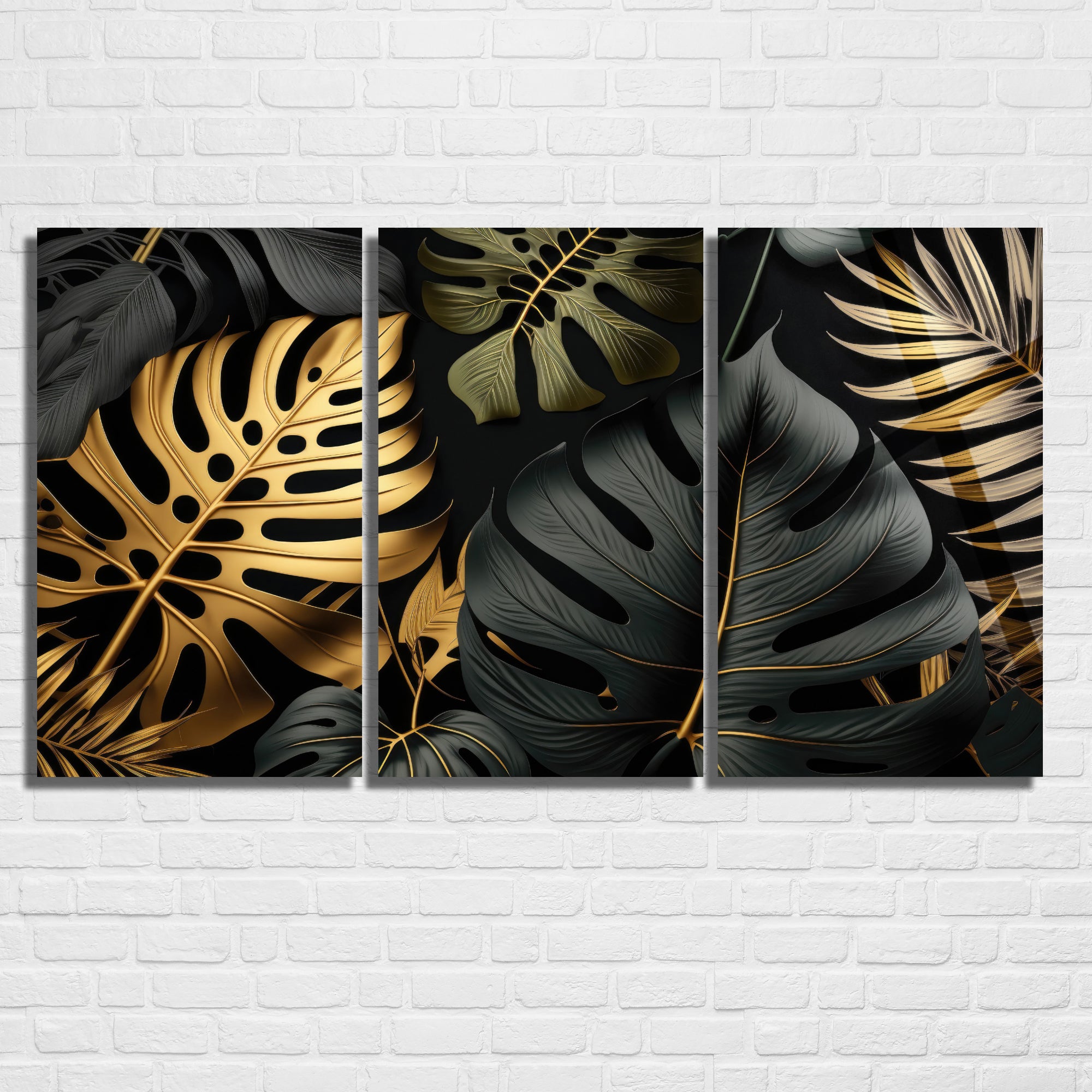 3 Parçalı Temperli Cam Duvar Tablosu Altın ve Siyah Yapraklar