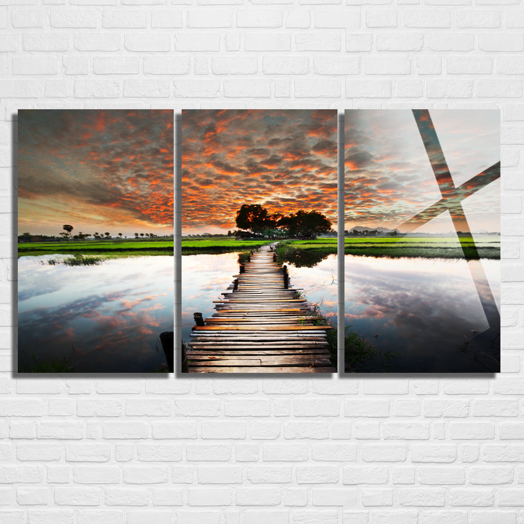 3 Parçalı Temperli Cam Duvar Tablosu Göl Ve İskele