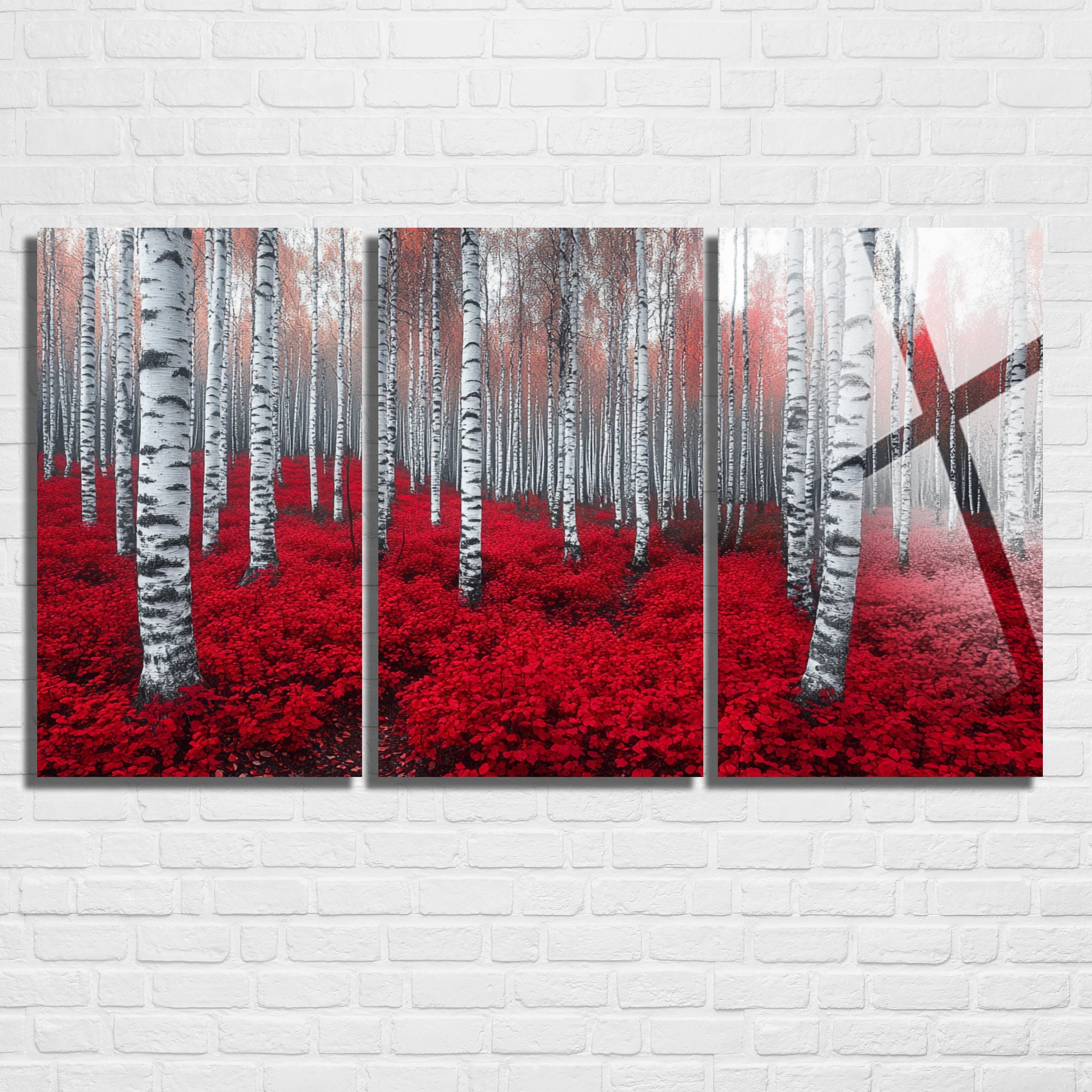 3 Parçalı Temperli Cam Duvar Tablosu Kırmızı Orman