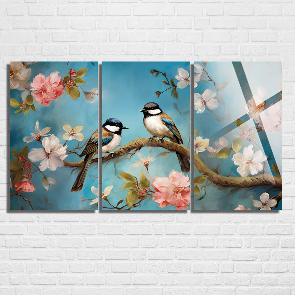 3 Parçalı Temperli Cam Duvar Tablosu Renkli Kuşlar