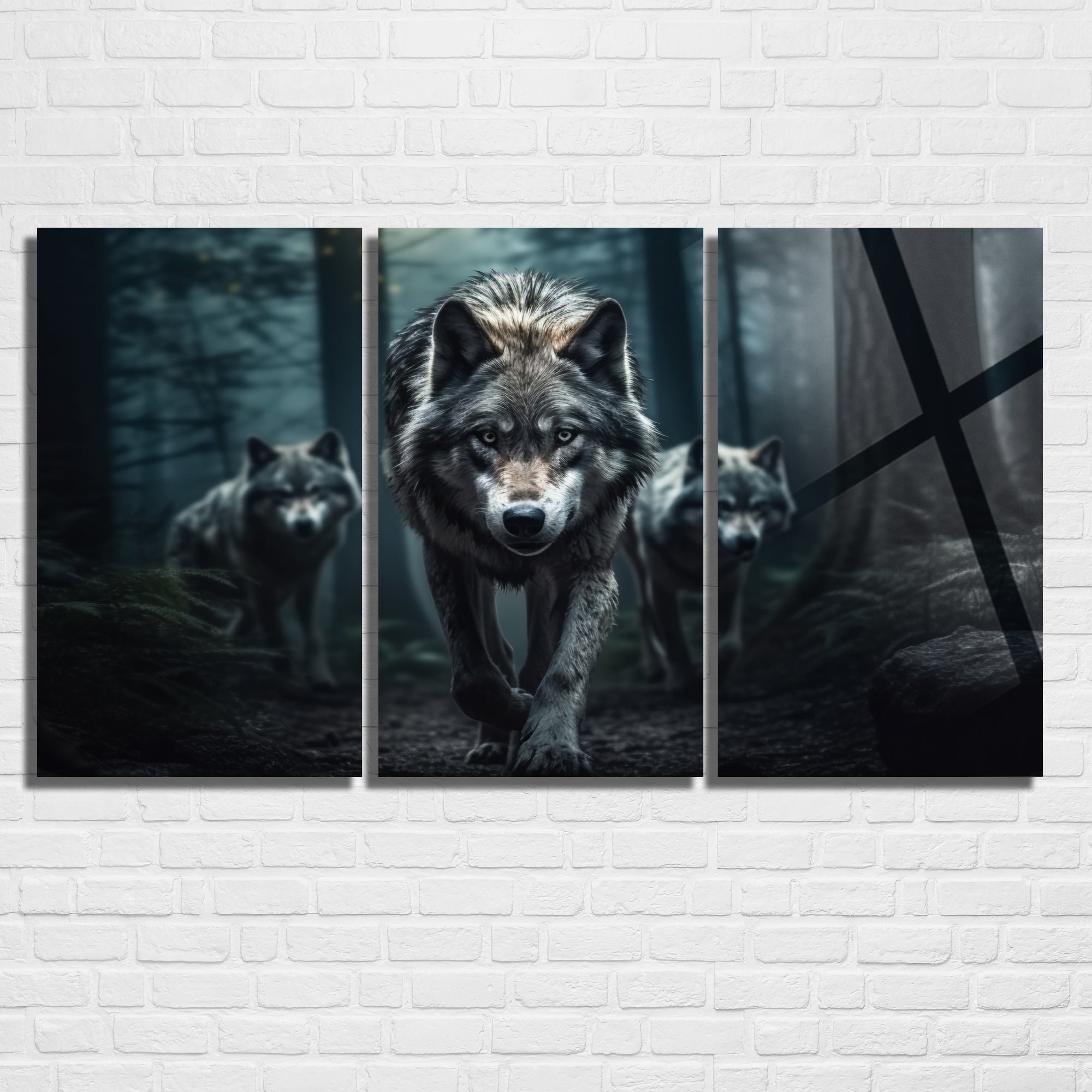 3 Parçalı Temperli Cam Duvar Tablosu Orman ve Kurtlar
