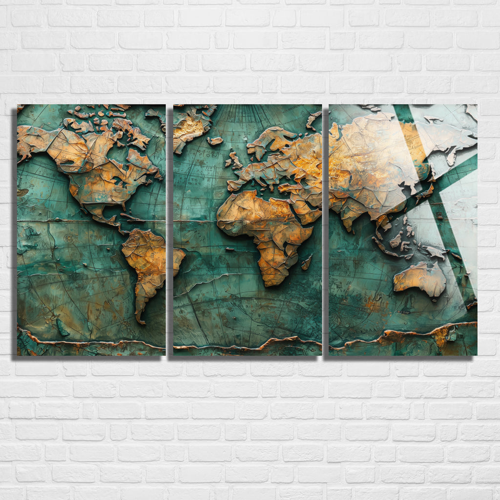 3 Parçalı Temperli Cam Duvar Tablosu Vintage Dünya Haritası