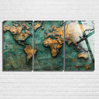 3 Parçalı Temperli Cam Duvar Tablosu Vintage Dünya Haritası