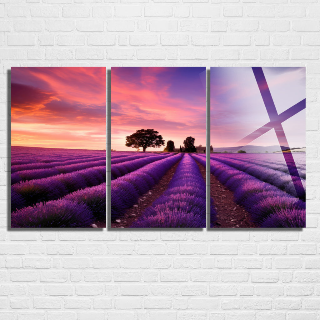3 Parçalı Temperli Cam Duvar Tablosu Leylak Tarlası