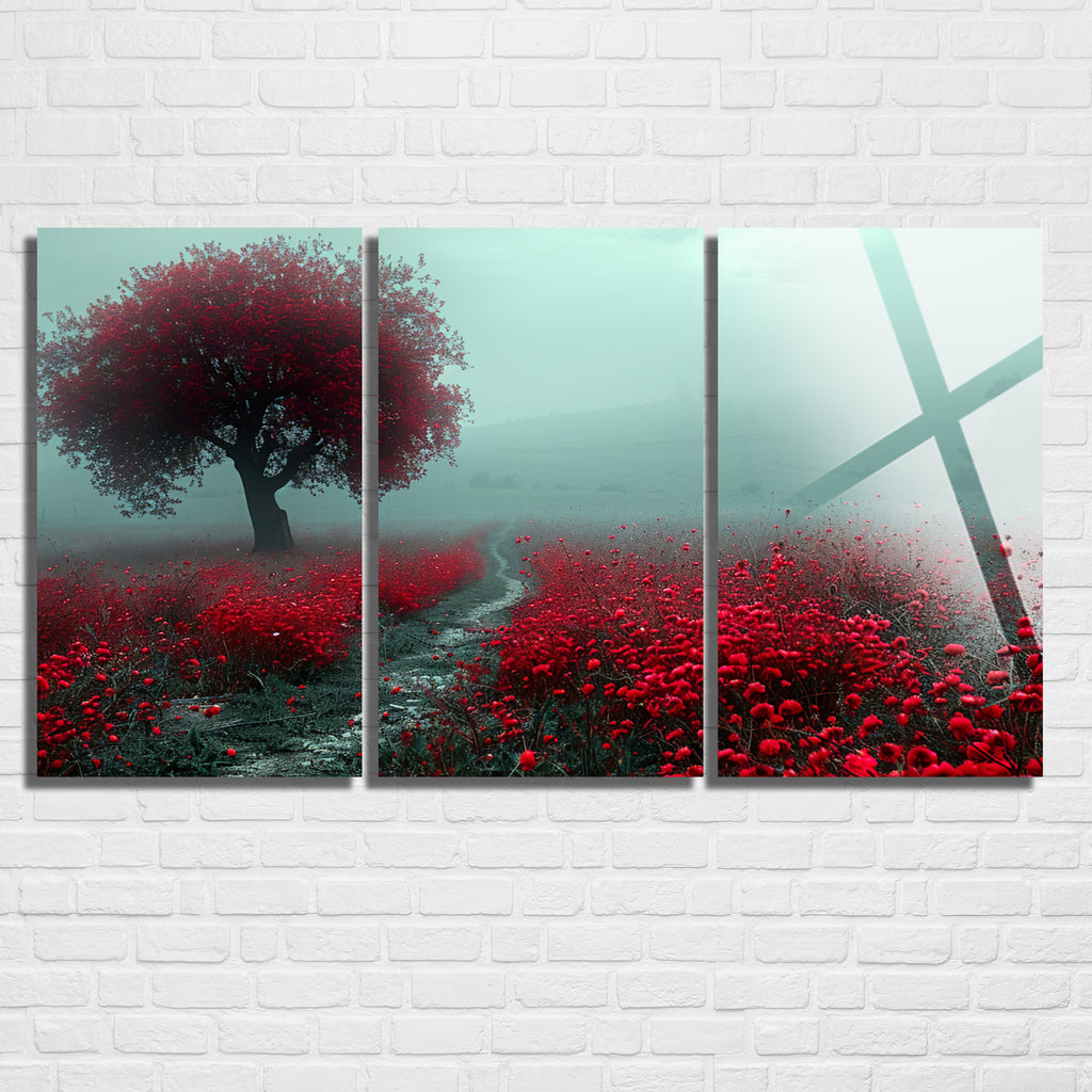 3 Parçalı Temperli Cam Duvar Tablosu Kızıl Ağaç