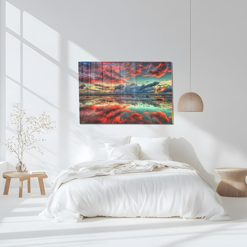 Dramatic Sunset Glass Wall Art – Tempered Glass Landscape Print, Large Framed or Frameless Wall Decor, Stained Glass Wall Art, Landscape Glass Panel