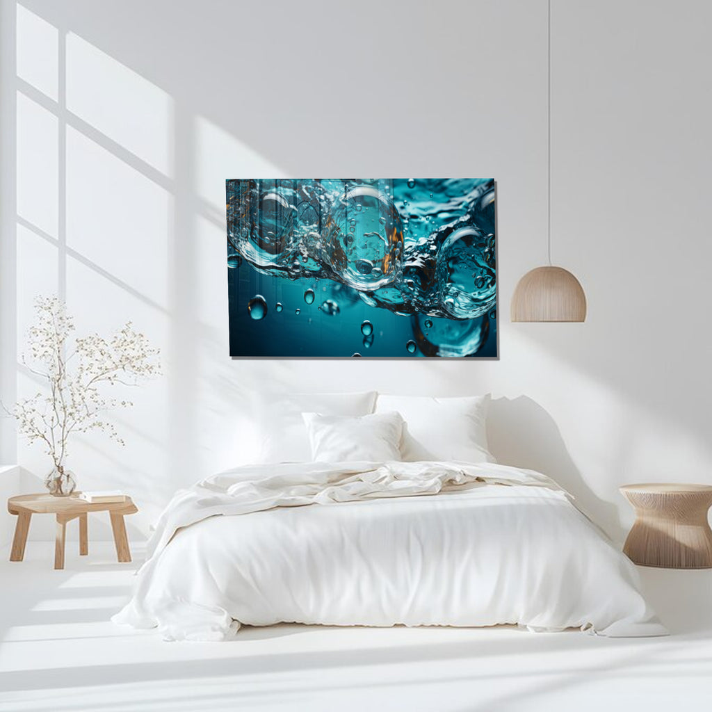 Water Bubbles Abstract Glass Wall Art – Modern Blue Fluid Design on Tempered Glass