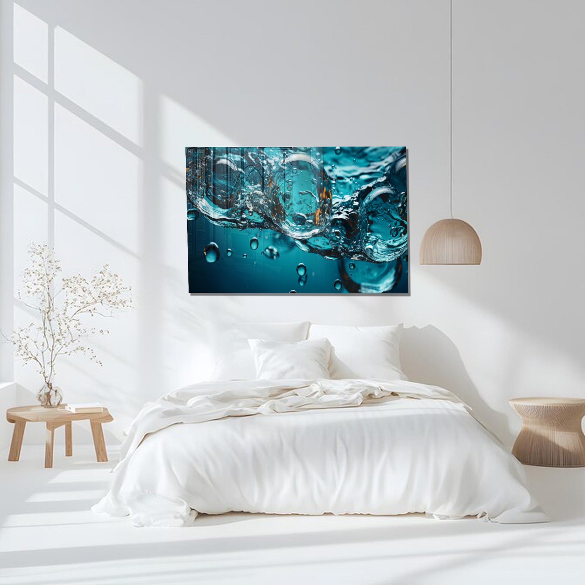 Water Bubbles Abstract Glass Wall Art – Modern Blue Fluid Design on Tempered Glass