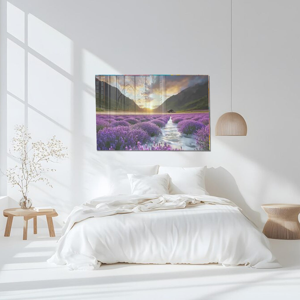 Lavender Field Glass Wall Art, Sunset Landscape Tempered Glass Print, Nature Wall Decor, Purple Floral Glass Panel, Relaxing Scenic Art