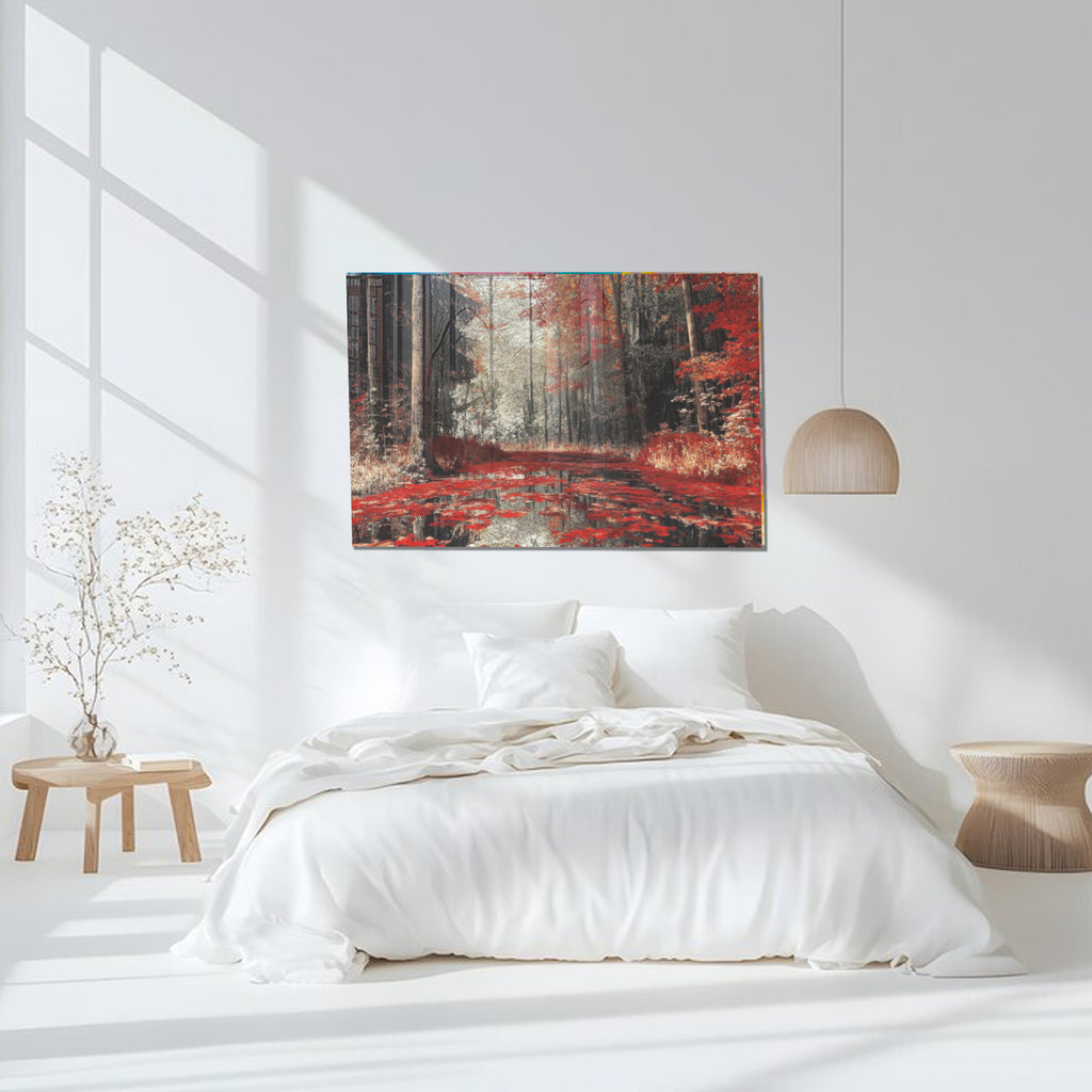 Autumn Forest Glass Wall Art, Red Foliage Tempered Glass Print, Fall Landscape Wall Decor, Tranquil Nature Glass Panel, Seasonal Home Art