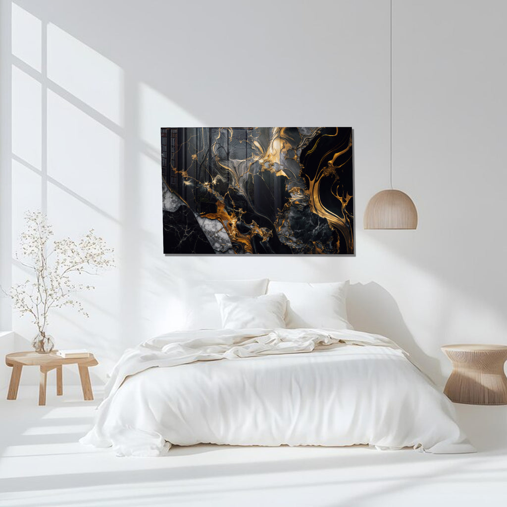 Tempered Glass Wall Art, Black and Gold Marble Design, Luxury Abstract Modern Decor Panel