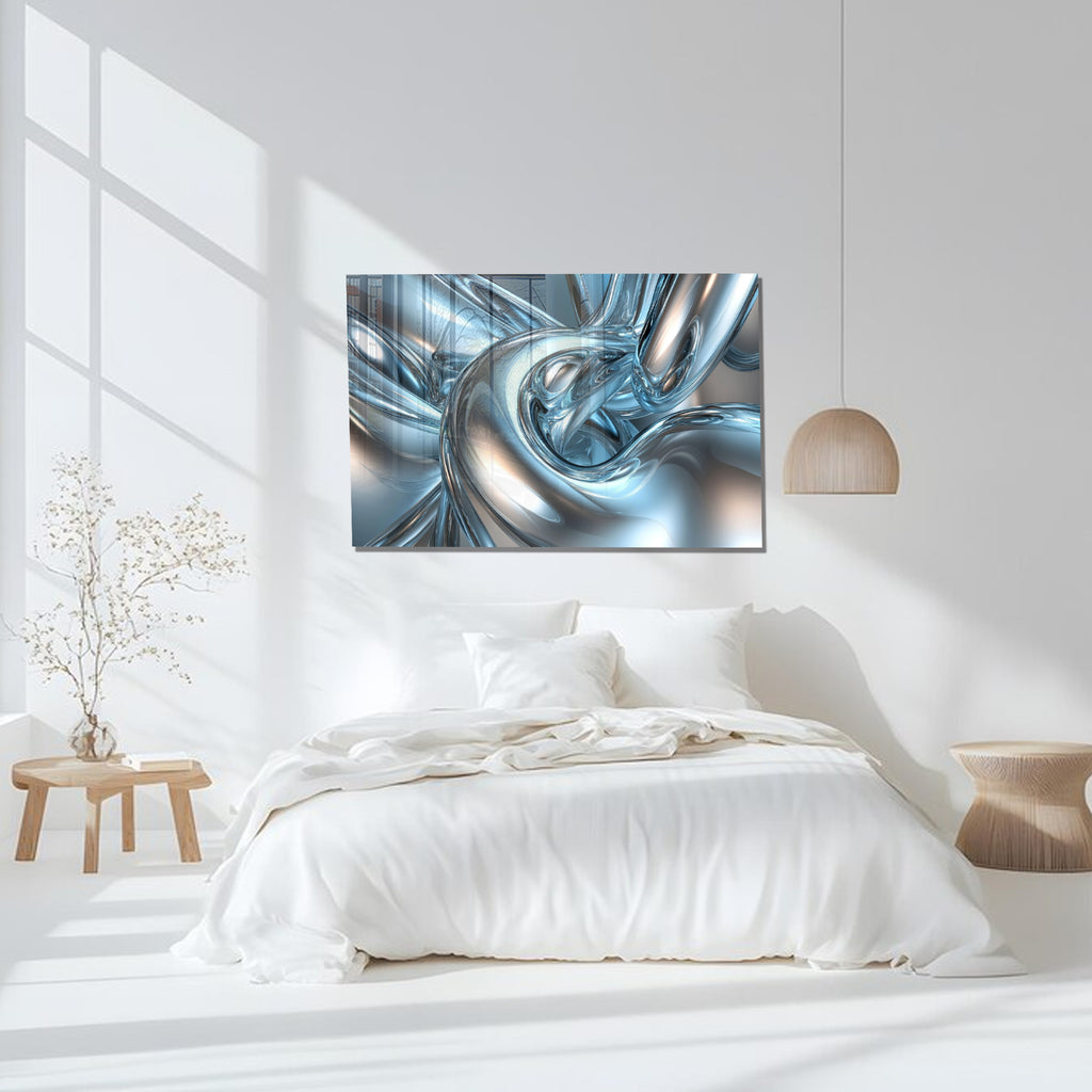 Abstract Chrome Glass Wall Art – Metallic Fluid Design on Tempered Glass