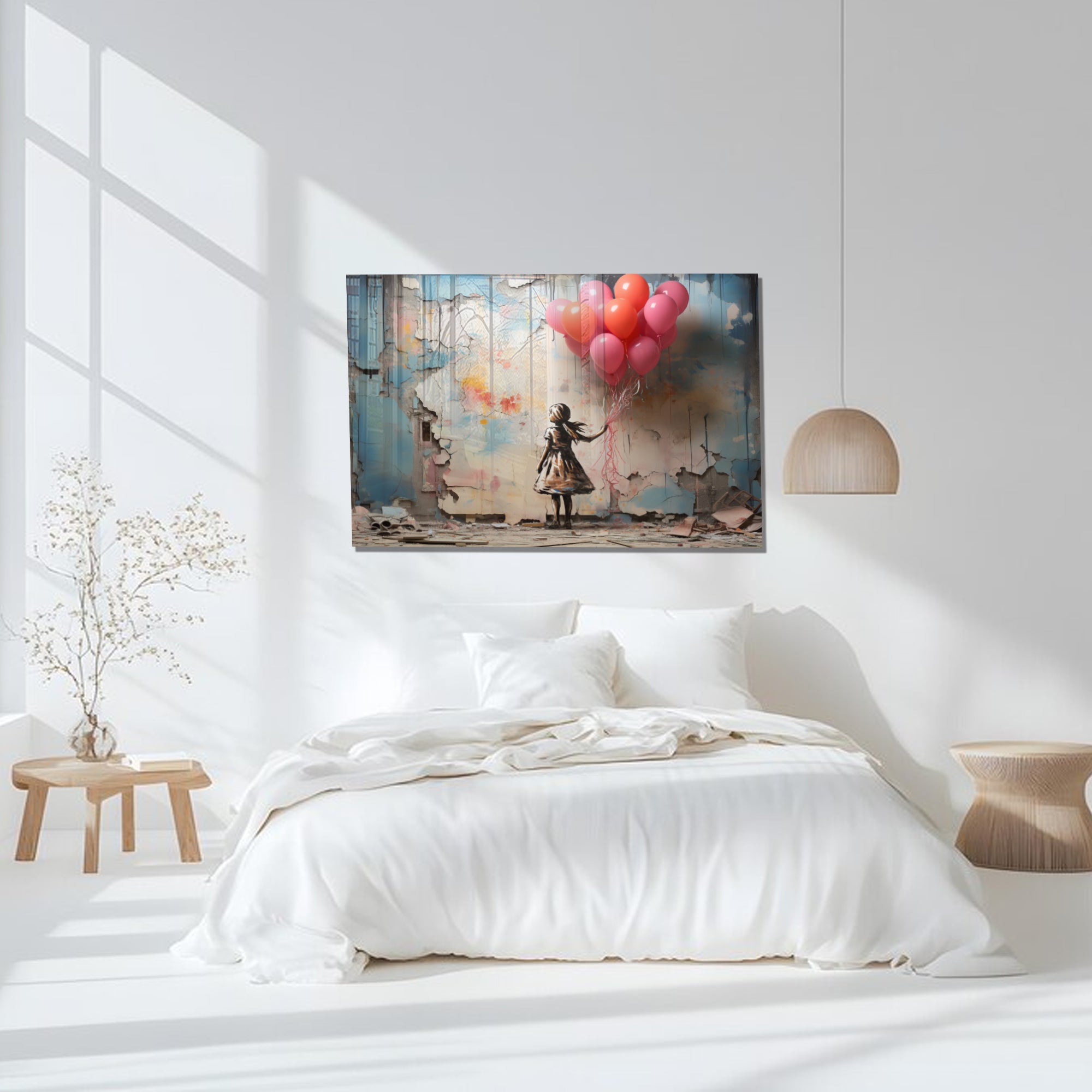 Kız ve Balonlar Temalı Temperli Cam Tablo – Modern Sokak Sanatı Tarzı, Renkli Duvar Dekoru