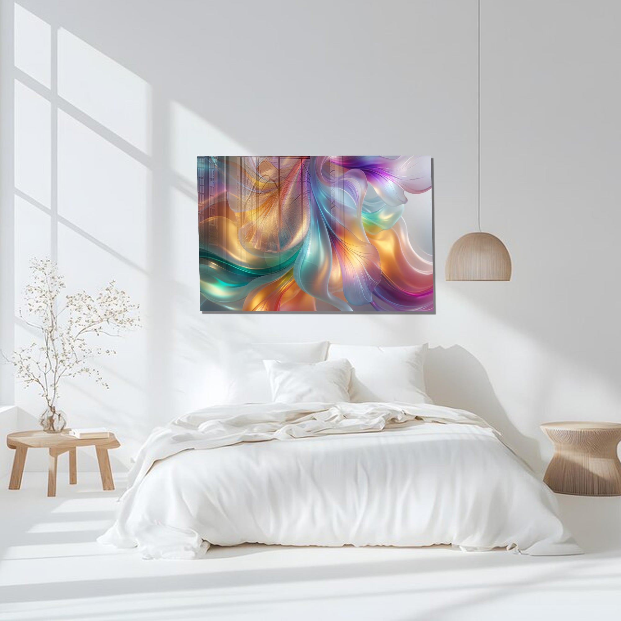 Renkli ipeksi Soyut Temperlenmiş Cam Tablo, Modern 3D Duvar Dekoru, Şık ve Lüks Cam Sanat Eseri