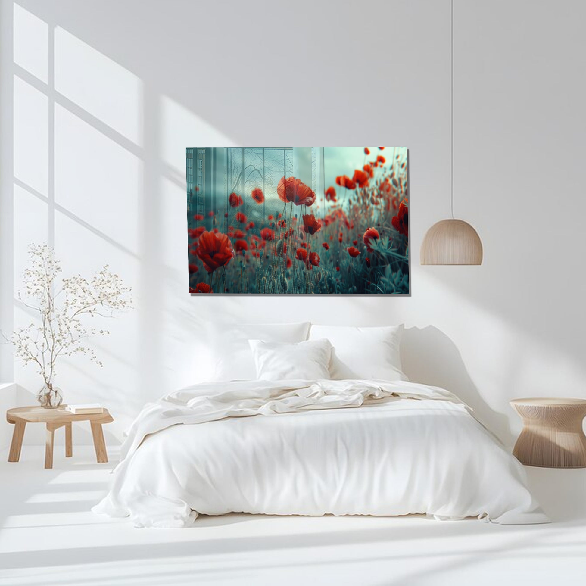 Poppy Flower Field Glass Wall Art – Botanical Nature Scene on Tempered Glass
