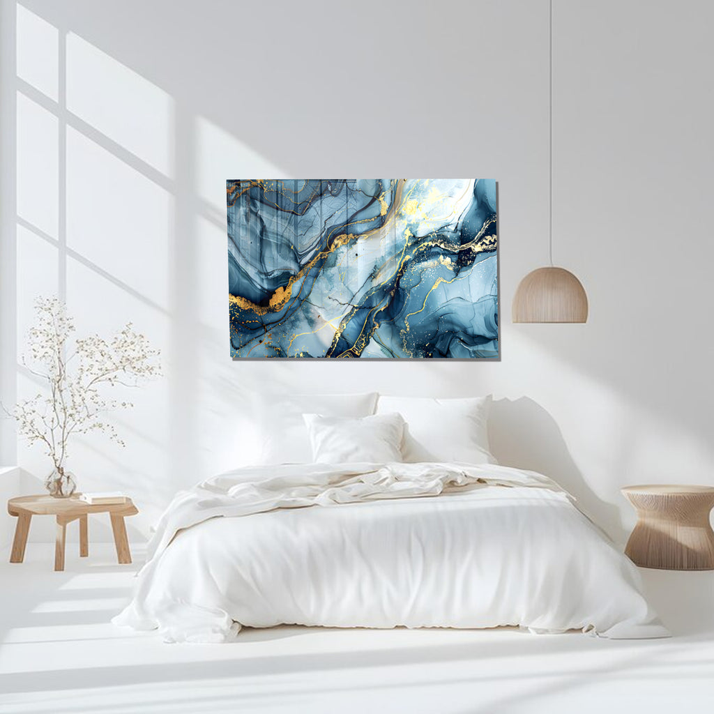 Blue Gold Marble Themed Tempered Glass Wall Art – Framed or Frameless - Luxury Glossy Panel -Stained Glass Wall Art - Marble Themed Glass Backsplash (Copy)