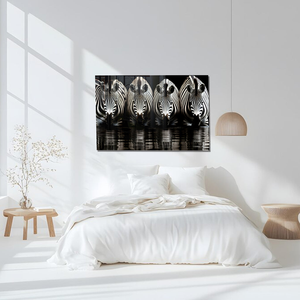 Zebra Reflections Wall Art – Monochrome Wildlife Print on Tempered Glass