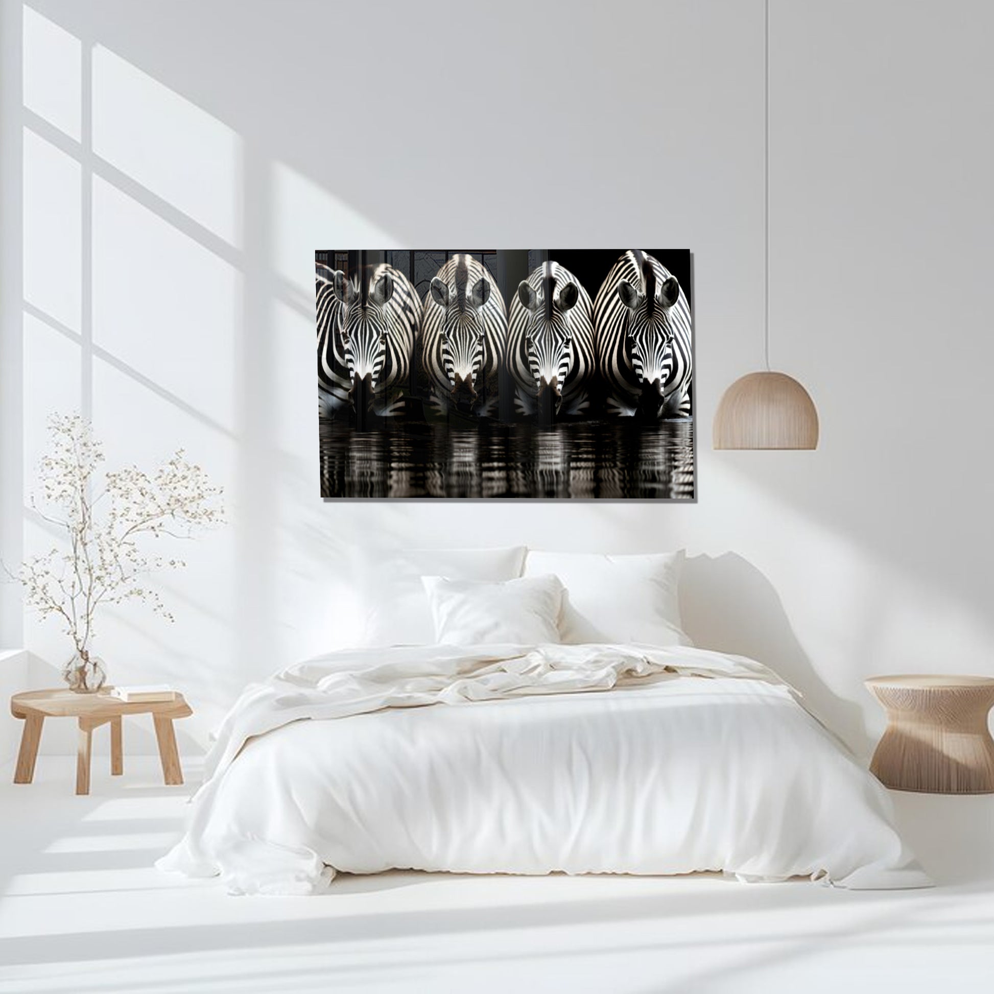 Zebra Reflections Wall Art – Monochrome Wildlife Print on Tempered Glass