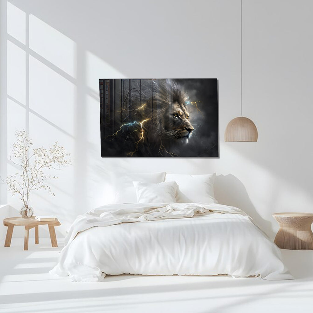 Powerful Lion Wall Art, Electric Storm Lion, Tempered Glass Animal Art, Lightning Lion Print, Bold Safari Wall Decor