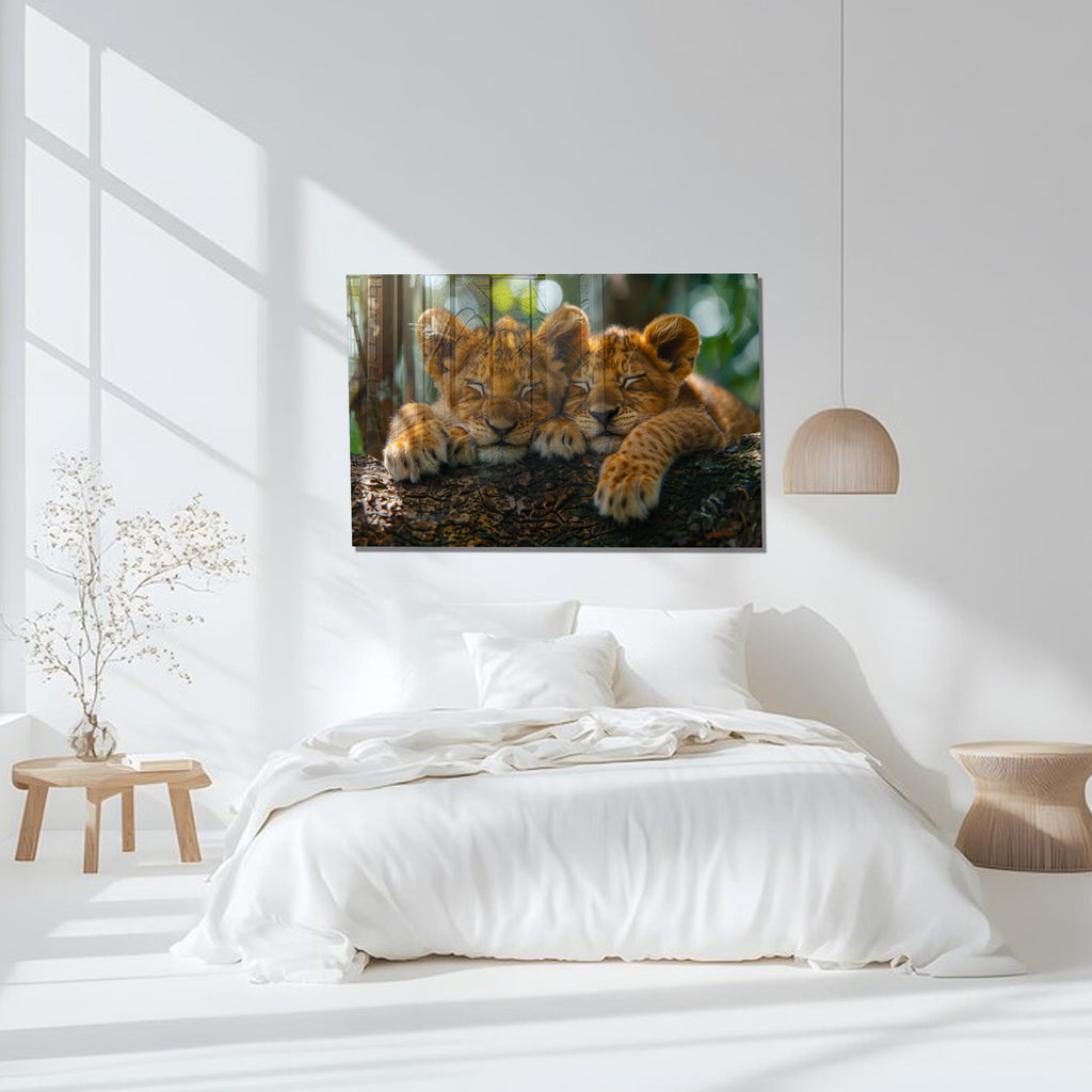 Sleeping Lion Cubs Tempered Glass Wall Art – Cute Jungle Animal Print – Safari Baby Lions Art