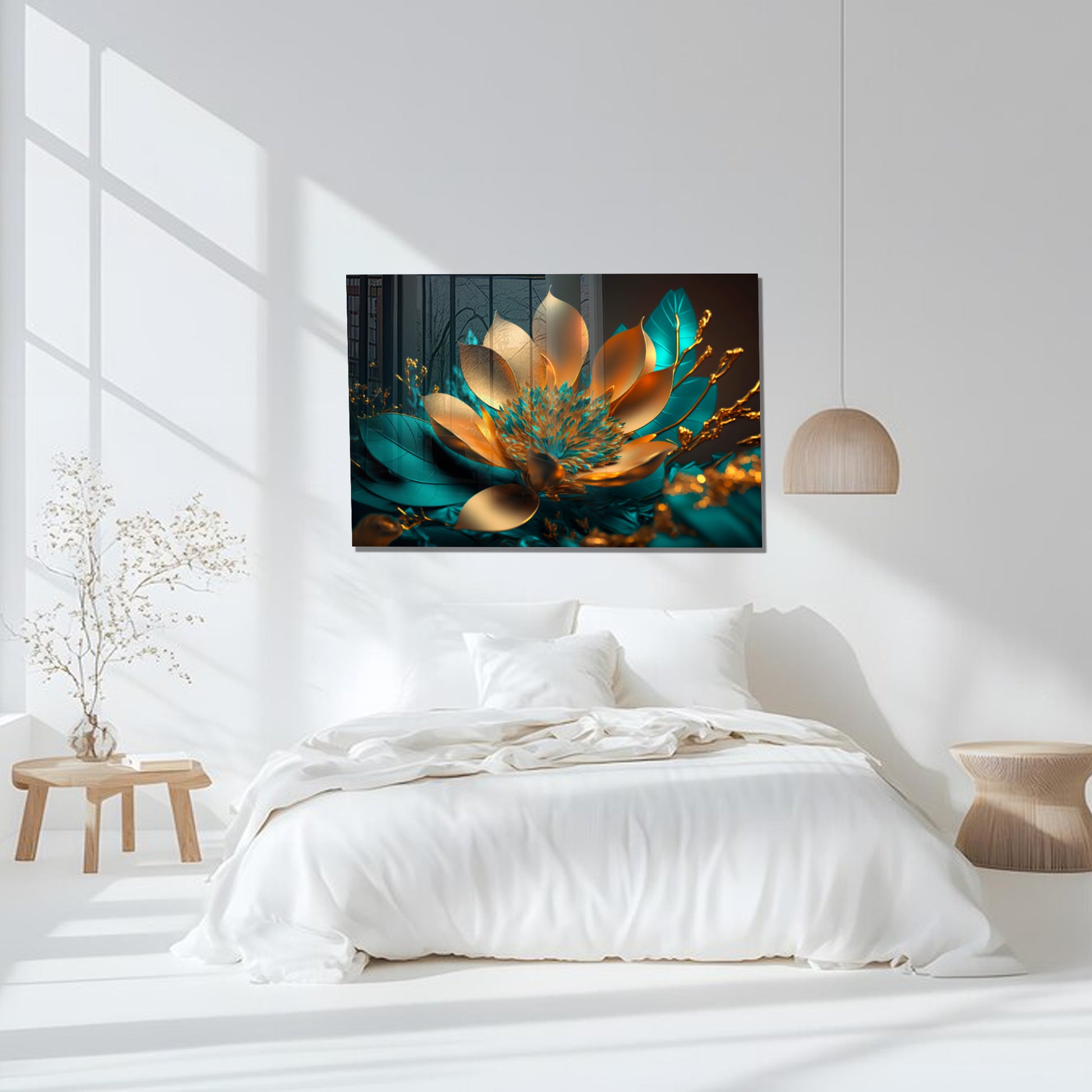 Golden Turquoise Flower Glass Wall Art – Luxury Floral Panel on Tempered Glass