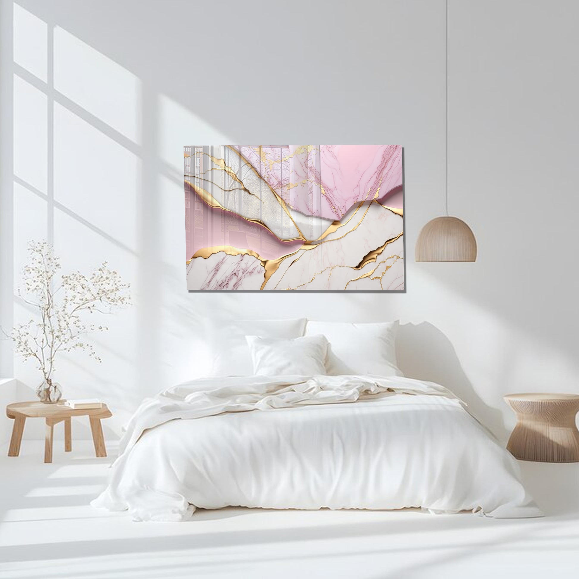 Pink Gold Marble Themed Tempered Glass Wall Art – Framed or Frameless - Luxury Glossy Panel -Stained Glass Wall Art - Marble Themed Glass Backsplash