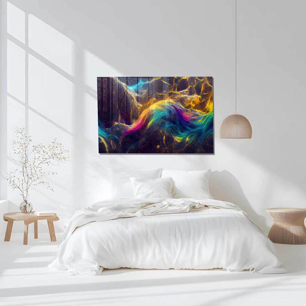 Renkli Metalik Soyut Temperlenmiş Cam Tablo, Modern 3D Duvar Dekoru, Şık ve Lüks Cam Sanat Eseri