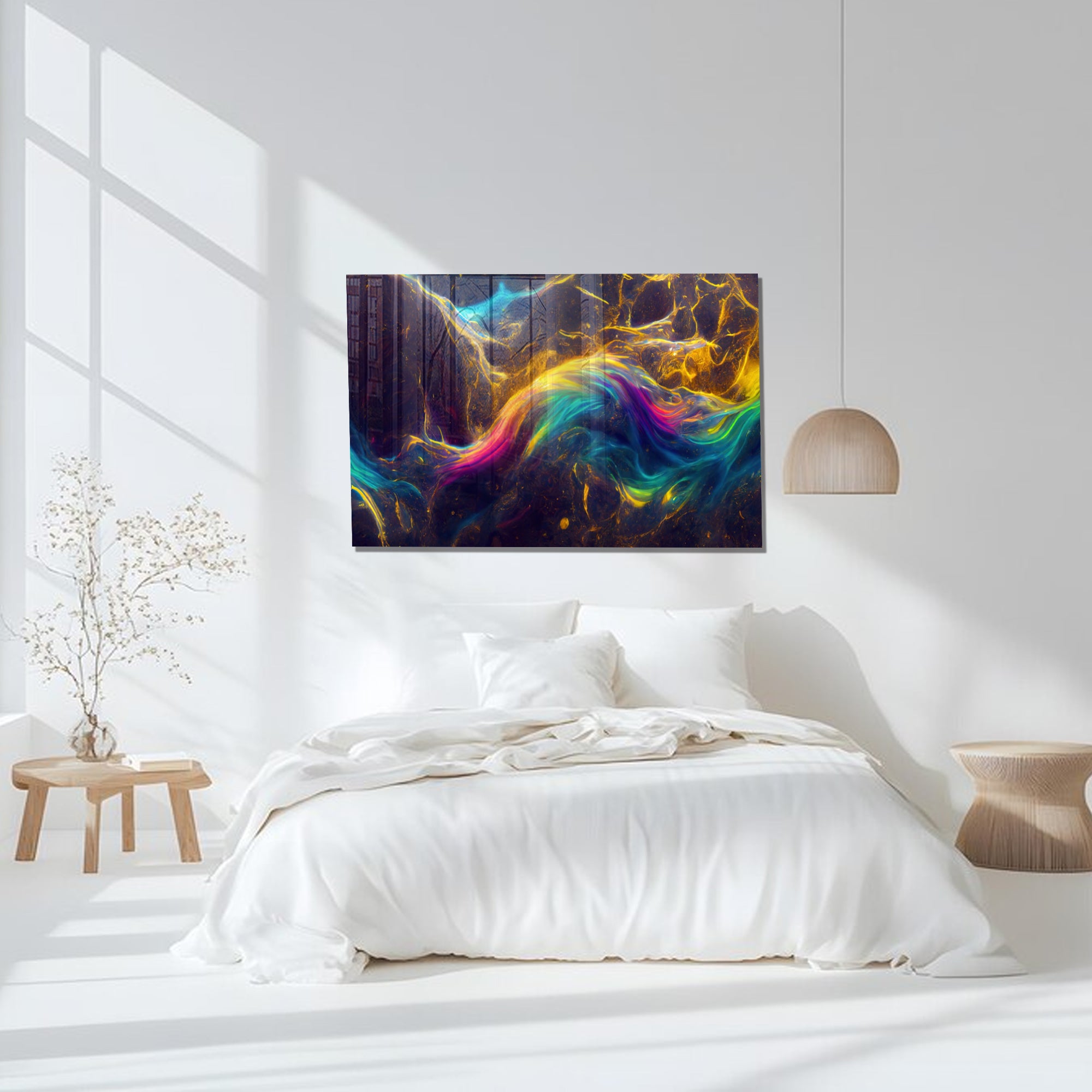 Renkli Metalik Soyut Temperlenmiş Cam Tablo, Modern 3D Duvar Dekoru, Şık ve Lüks Cam Sanat Eseri