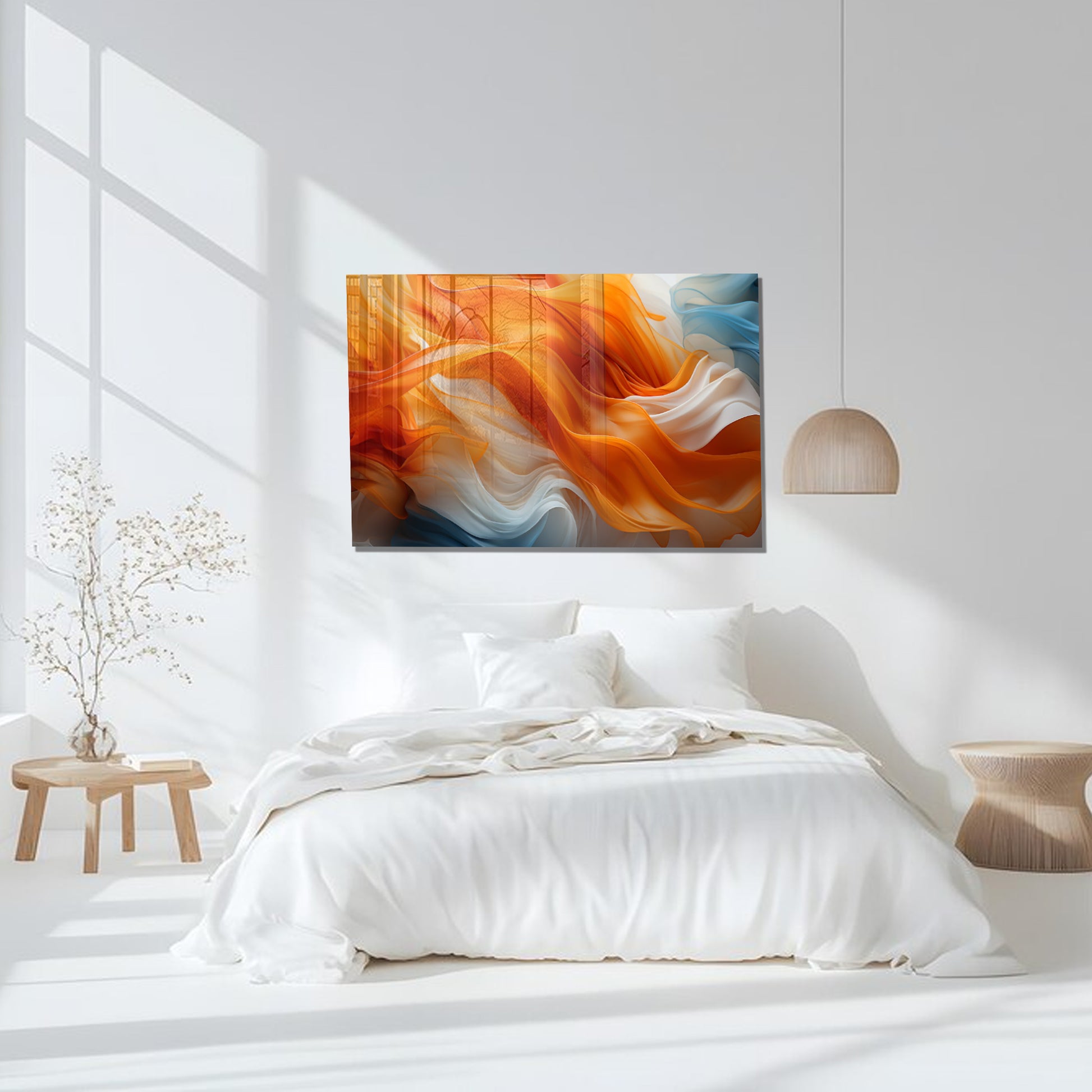 Orange Flow Abstract Glass Wall Art – Dynamic Flame-Inspired Design on Tempered Glass