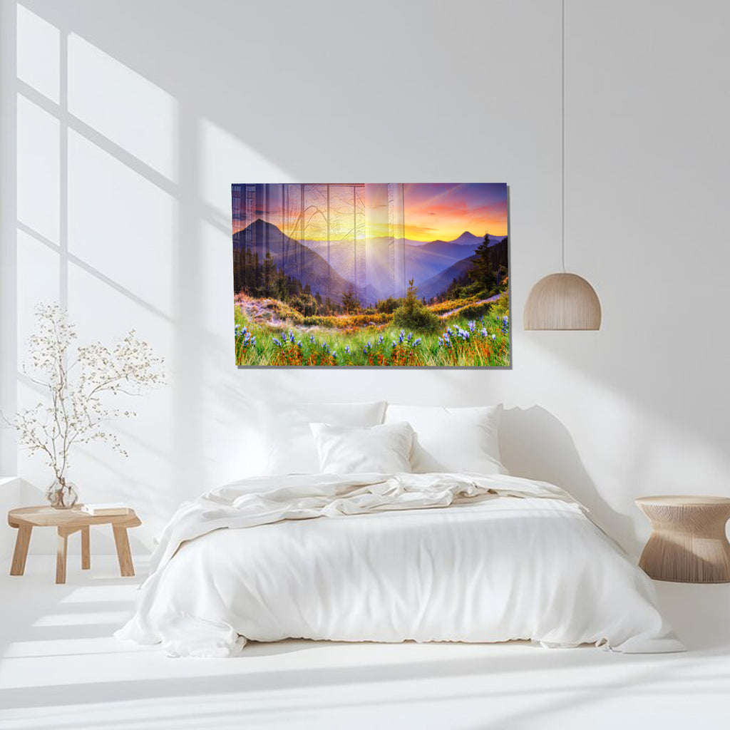 Floral Landscape Print on Tempered Glass – Framed or Frameless, Stained Glass Wall Art, Landscape Glass Panel (Copy) (Copy)