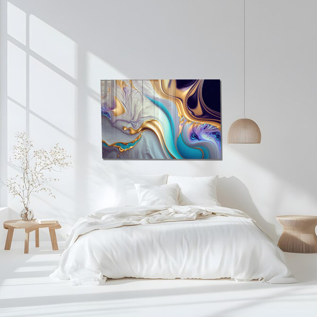 Gold Abstract Chrome Glass Wall Art – Metallic Fluid Design on Tempered Glass