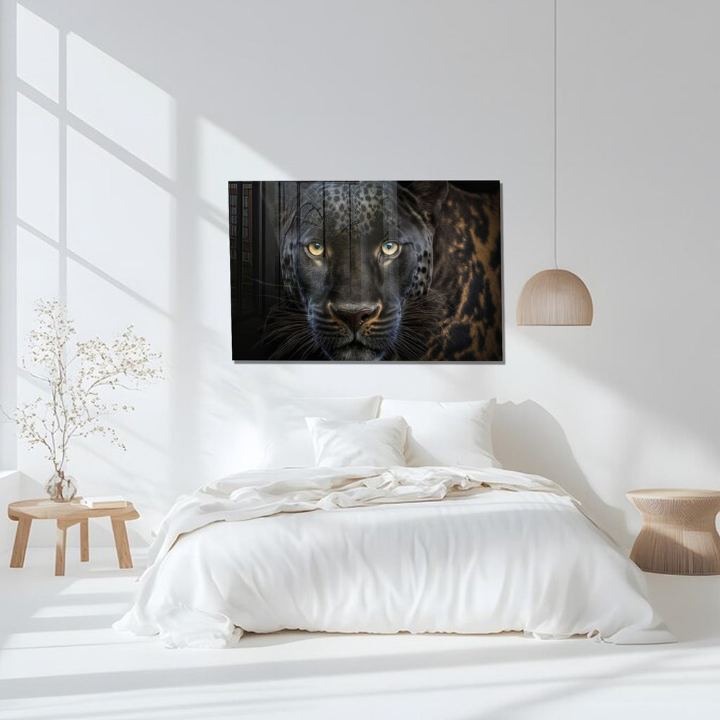Black Leopard Wall Art – Wild Animal Portrait on Tempered Glass Panel