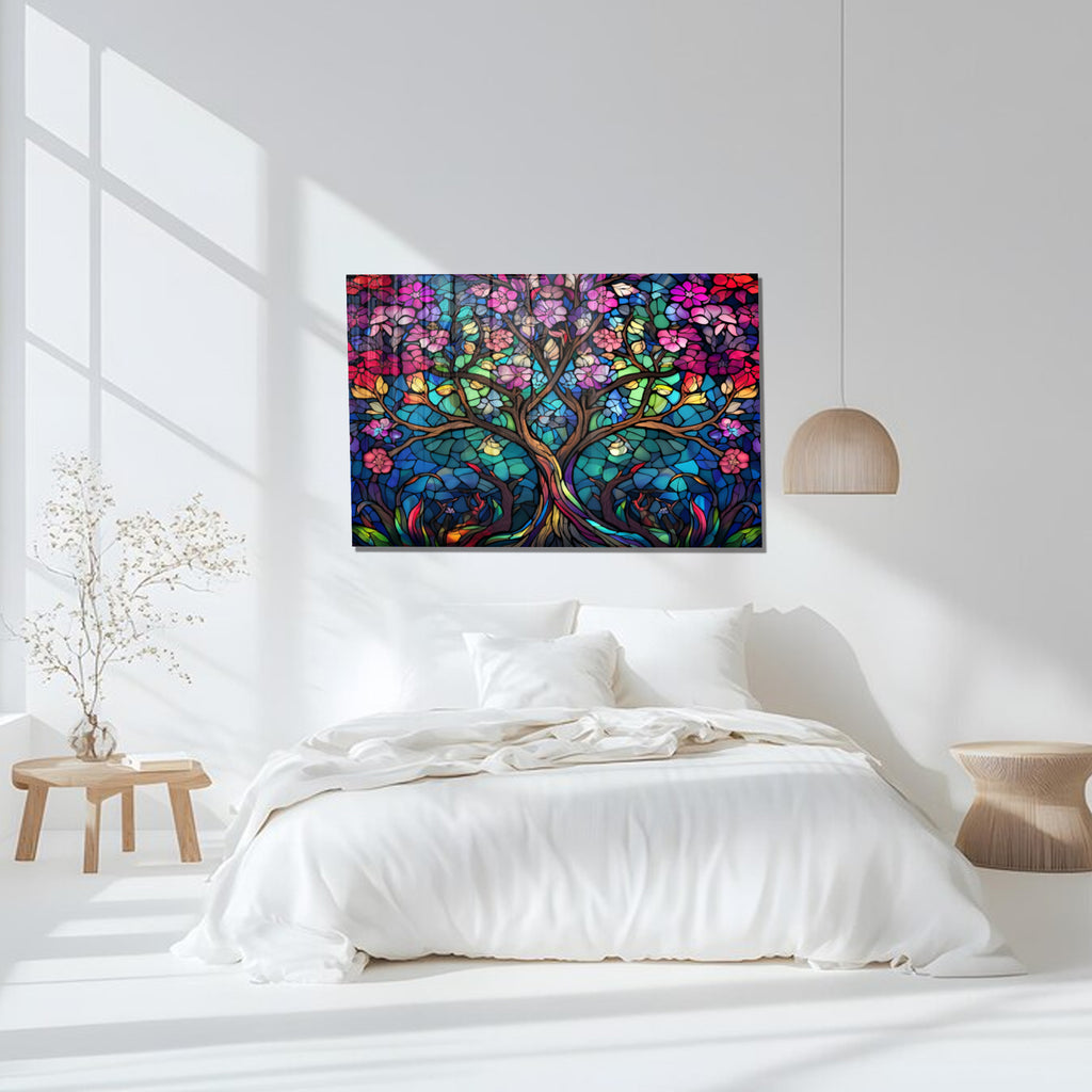 Tree of Life Stained Glass Wall Art – Colorful Floral Tempered Glass Panel