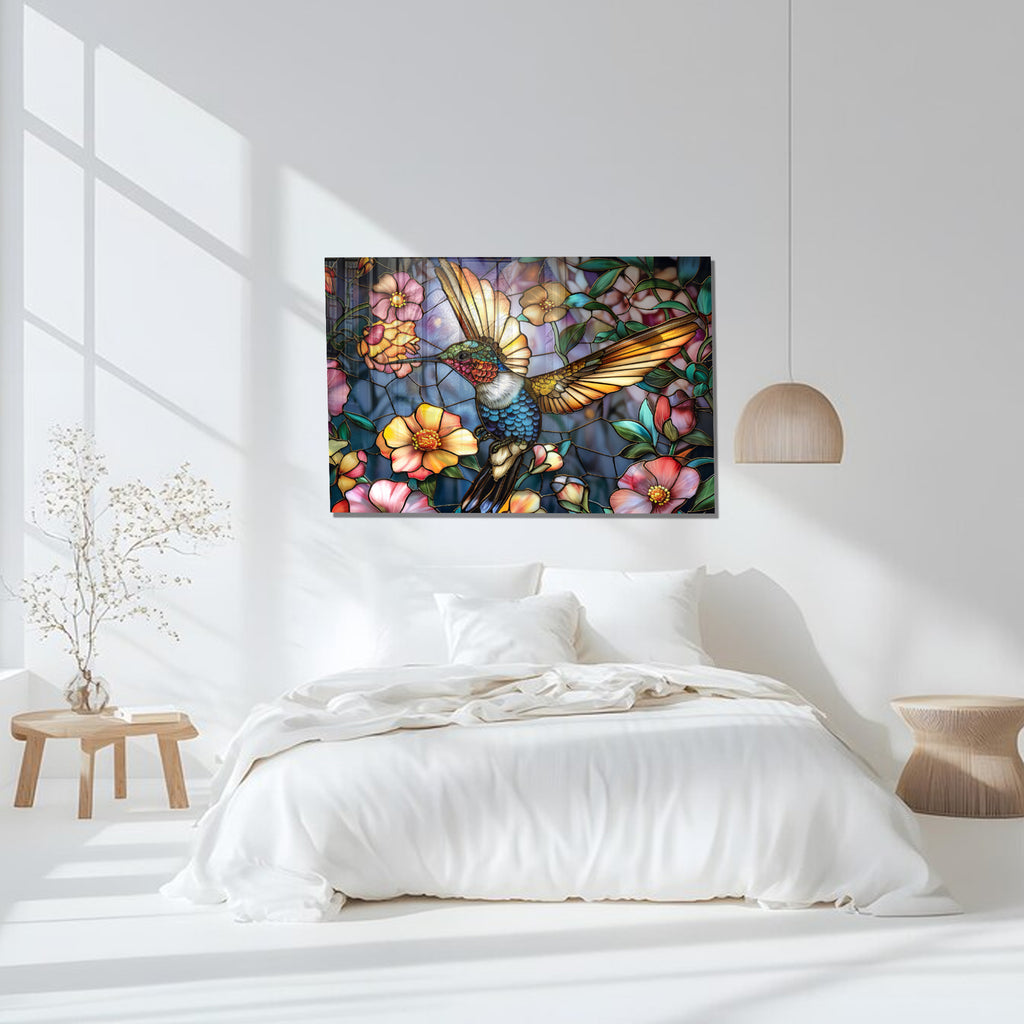 Hummingbird Stained Glass Wall Art – Colorful Floral Tempered Glass Panel