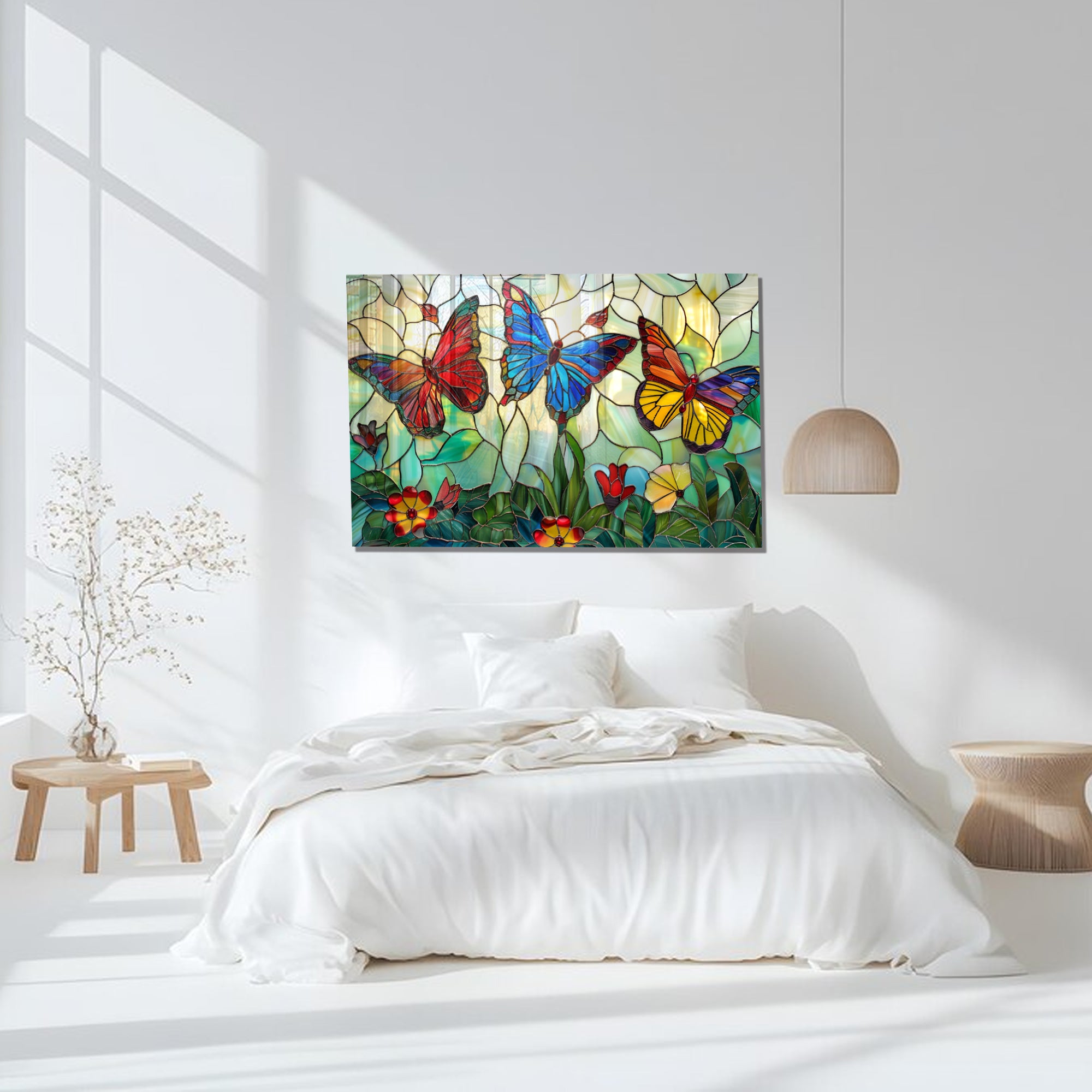 Kelebek Temalı Vitray Görünümlü Temperli Cam Tablo – Renkli Doğa Duvar Dekoru