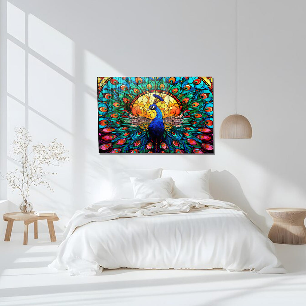 Peacock Stained Glass Wall Art – Vibrant Tempered Glass Panel with Colorful Feathers
