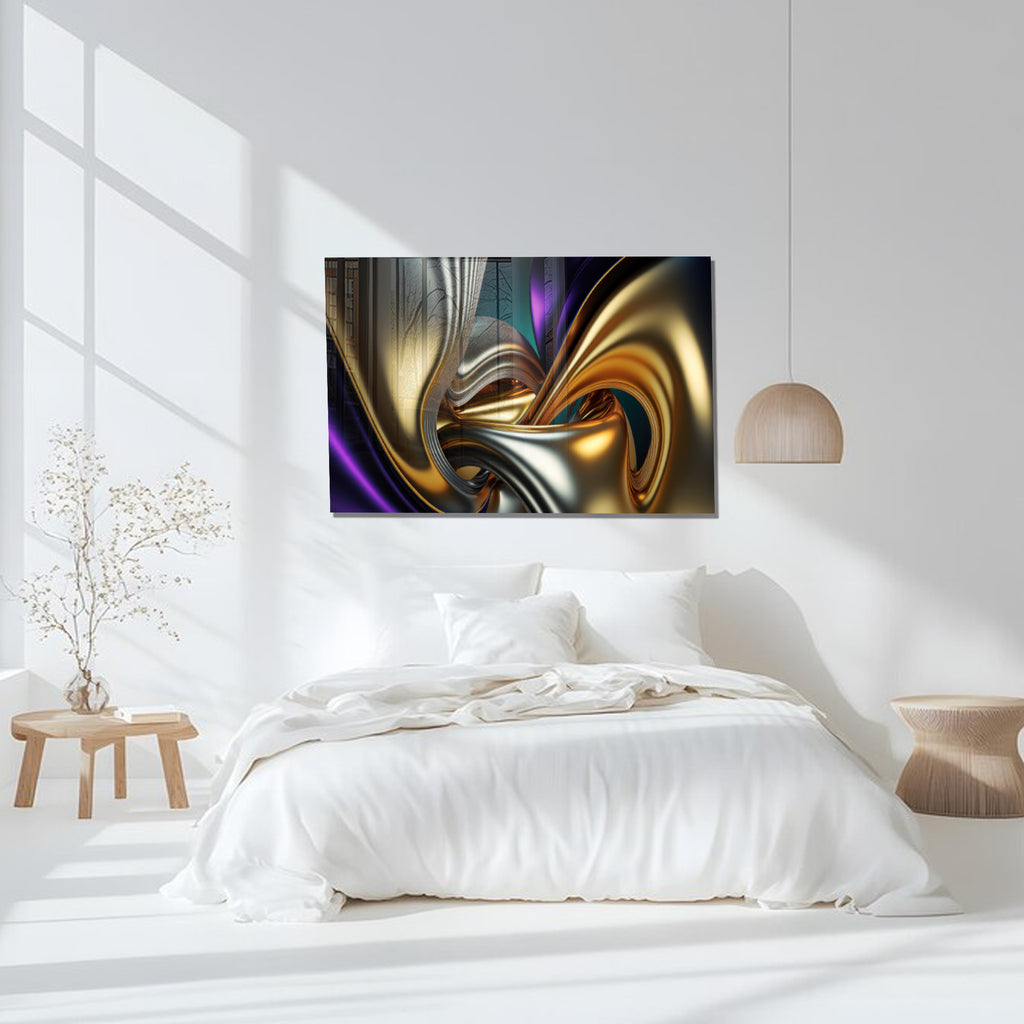 Gold &amp; Purple Abstract Glass Wall Art – Luxury Metallic Fluid Design on Tempered Glass