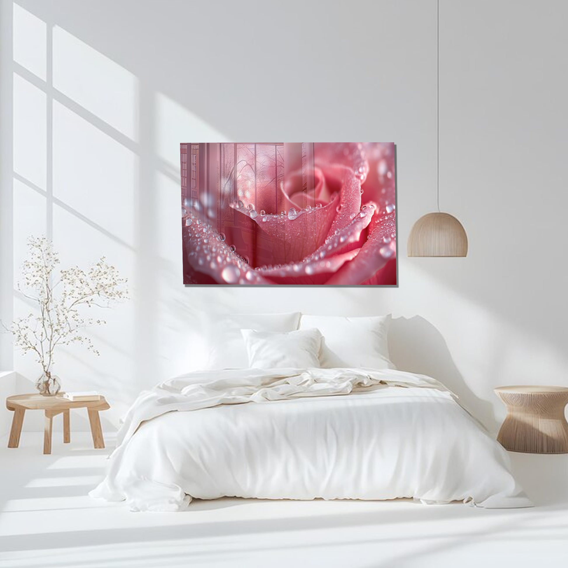 Pink Rose Macro Wall Art – Dew Drop Floral Tempered Glass Panel
