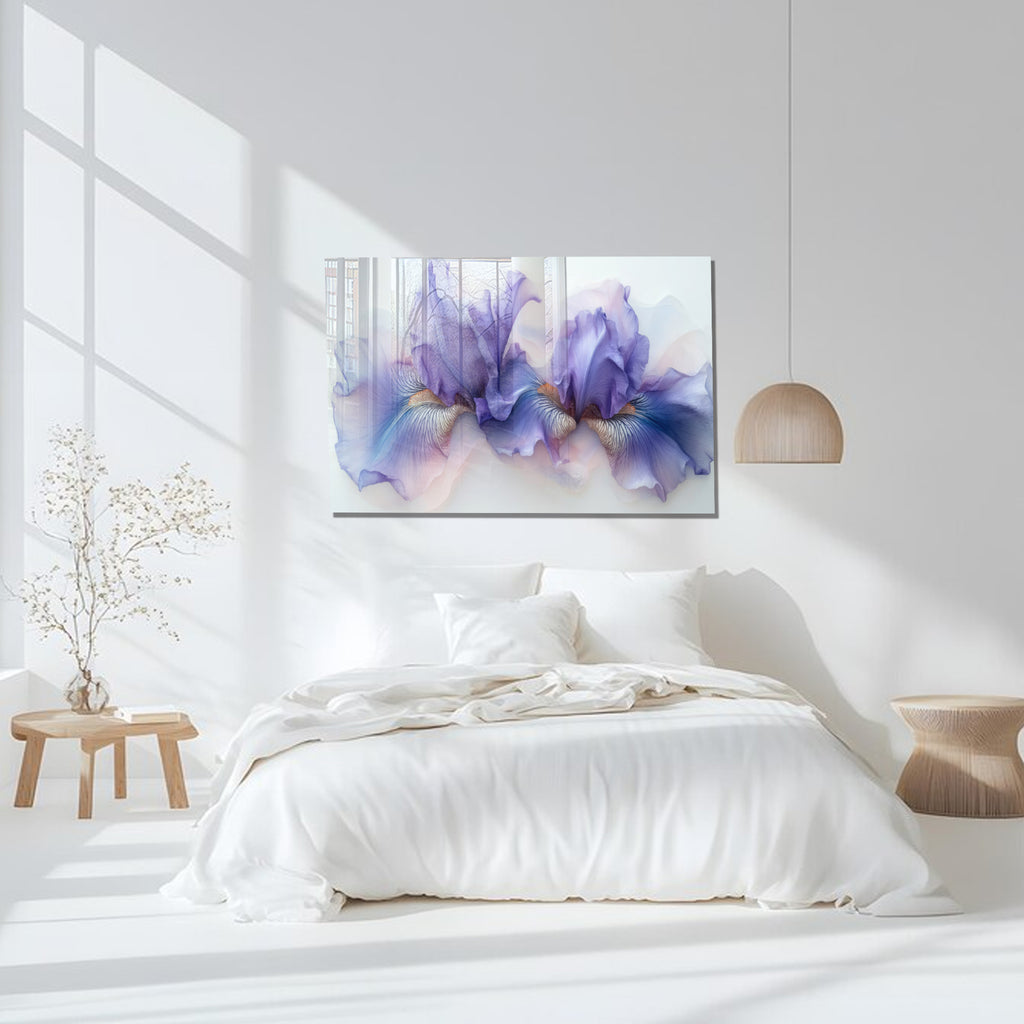 Purple Iris Flower Glass Wall Art – Minimalist Floral Print on Tempered Glass