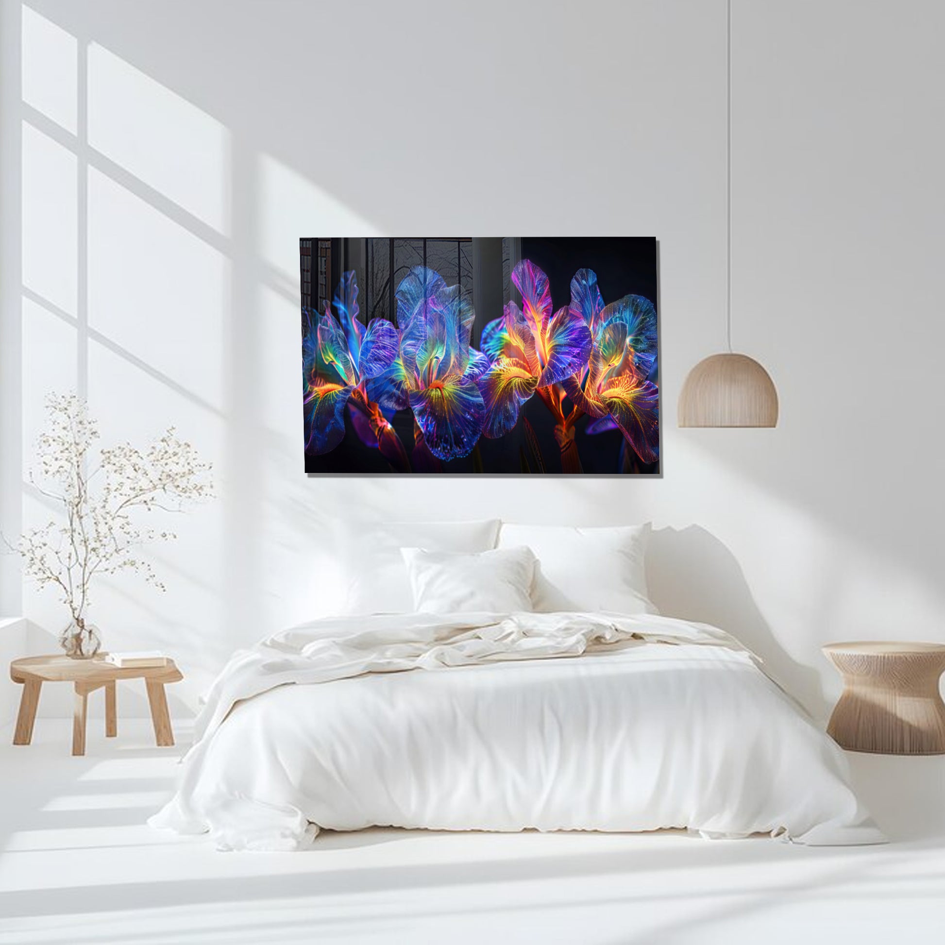 Rainbow Neon Iris Glass Wall Art – Glowing Colorful Floral Design on Tempered Glass