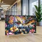 Sinek Kuşu ve Çiçekler Temalı Vitray Görünümlü Temperli Cam Tablo – Renkli Doğa Duvar Dekoru