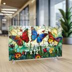 Kelebek Temalı Vitray Görünümlü Temperli Cam Tablo – Renkli Doğa Duvar Dekoru