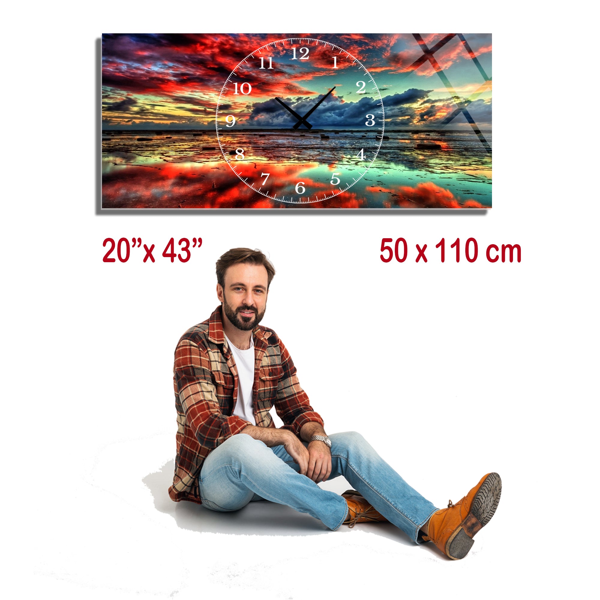 Manzara Temalı Temperli Cam Duvar Saati – Altın Detaylı Modern Tasarım, Büyük Boy Duvar Dekoru