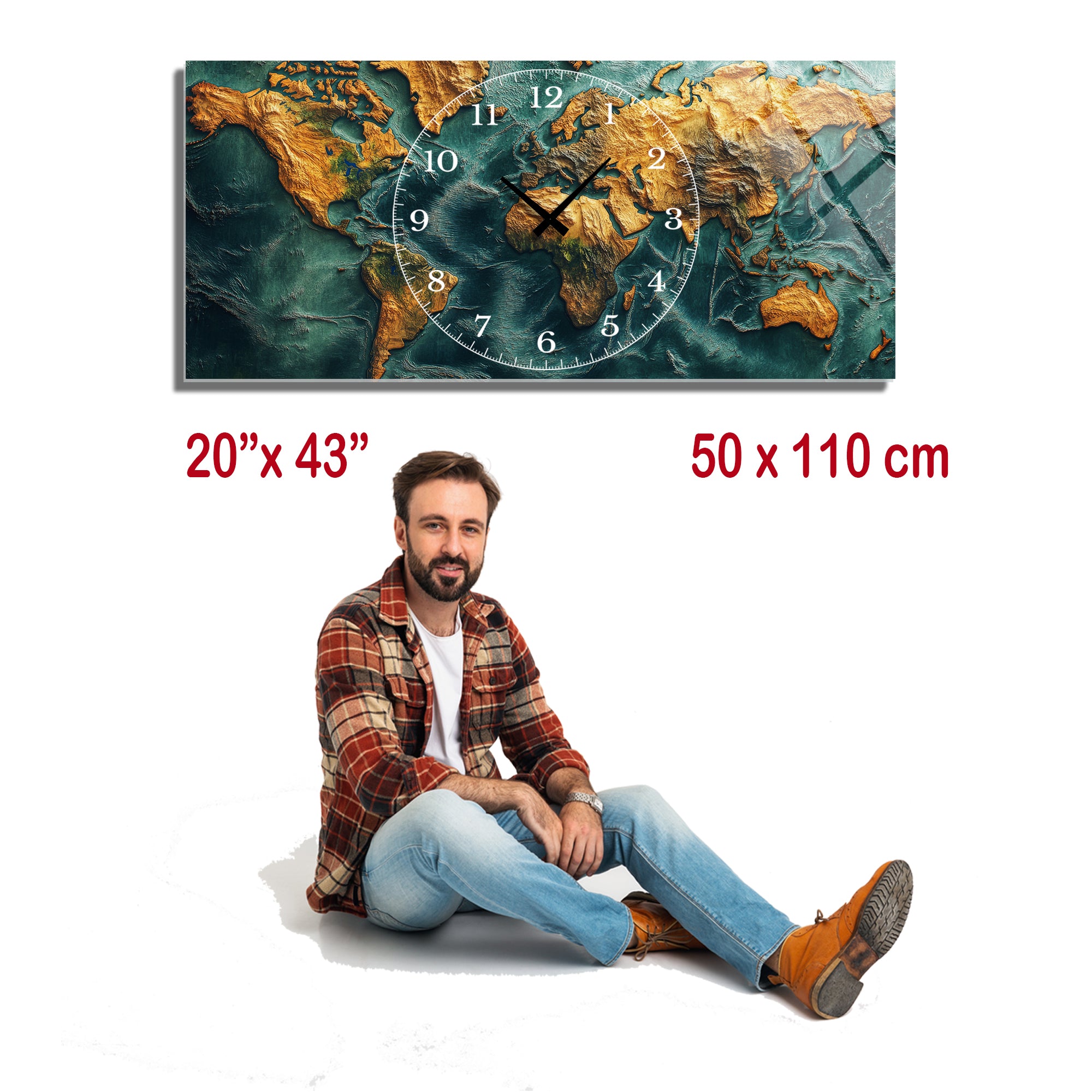 World Map Themed Tempered Glass Wall Clock – Modern Design with Gold Details, Large Wall Decor